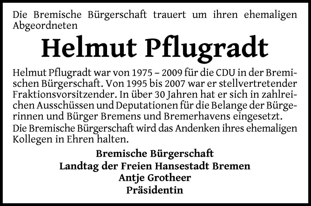 Traueranzeige von Helmut Pflugradt von WESER-KURIER