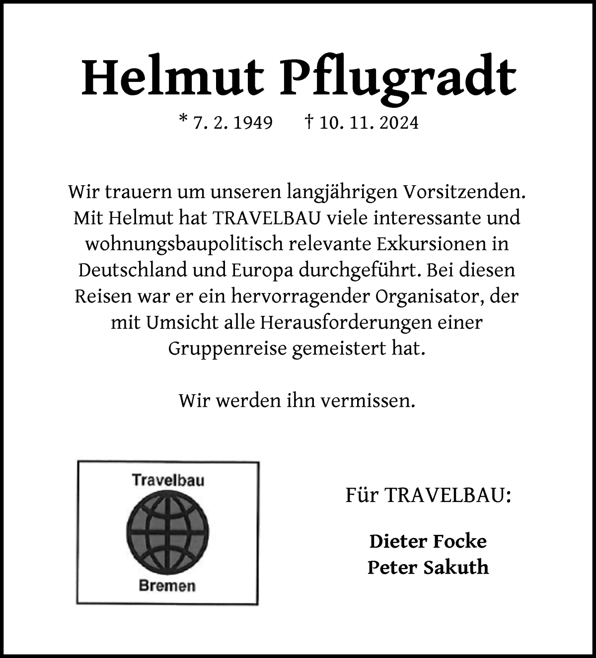 Traueranzeige von Helmut Pflugradt von WESER-KURIER