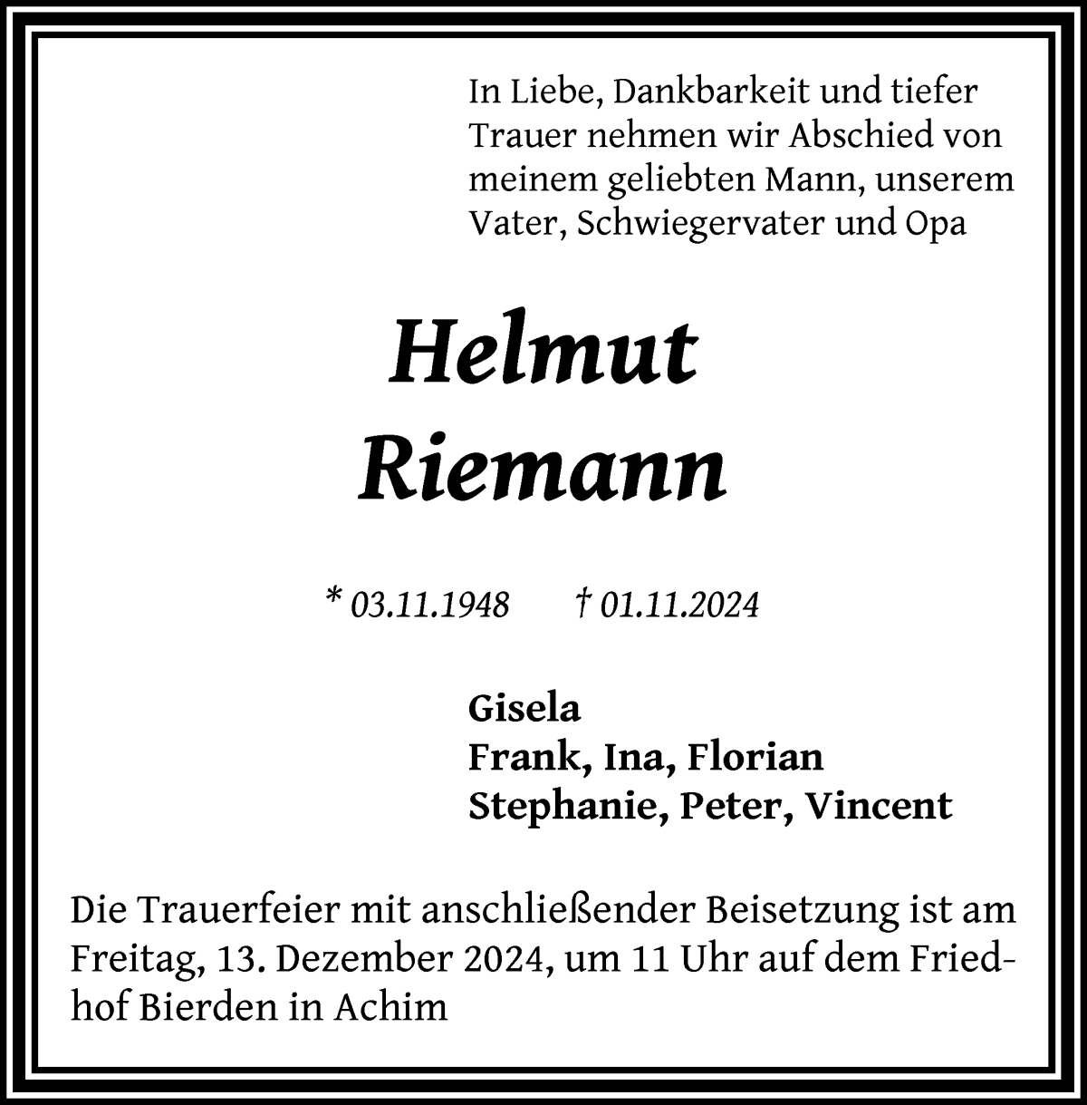 Traueranzeige von Helmut Riemann von WESER-KURIER