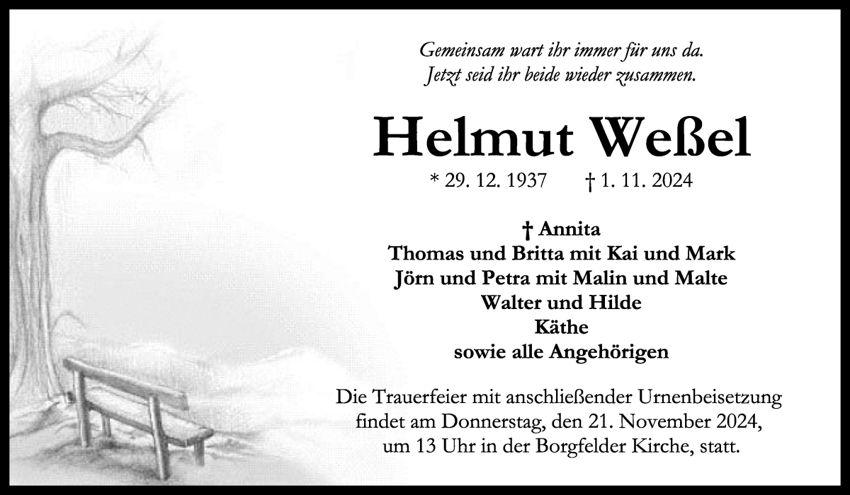 Traueranzeige von Helmut Weßel von WESER-KURIER