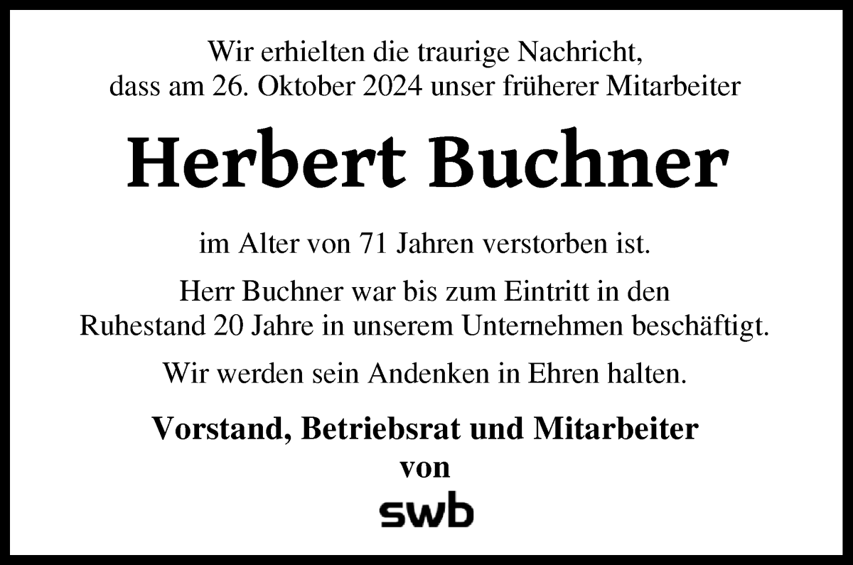 Traueranzeige von Herbert Buchner von WESER-KURIER