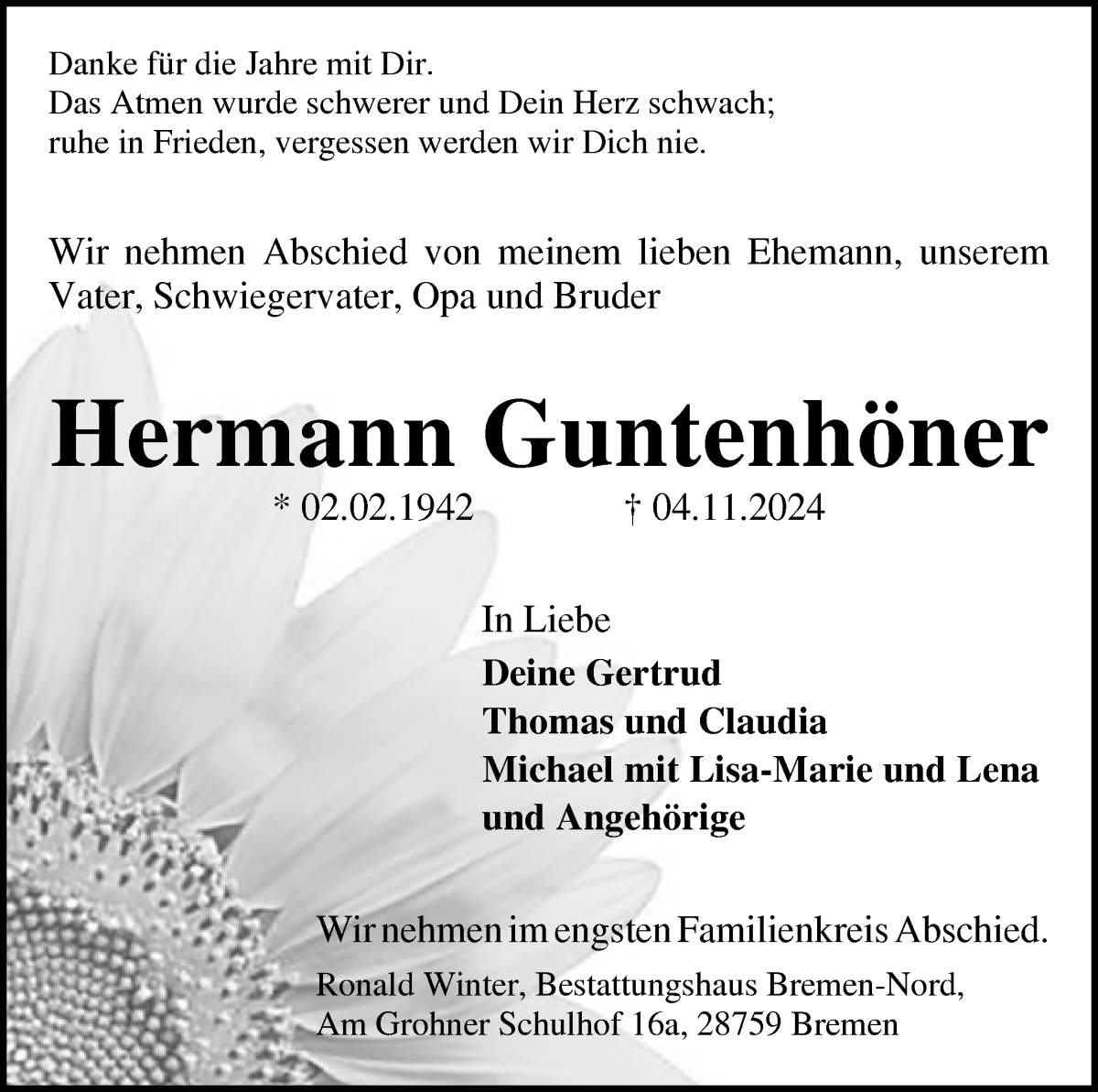 Traueranzeige von Hermann Guntenhöner von Die Norddeutsche