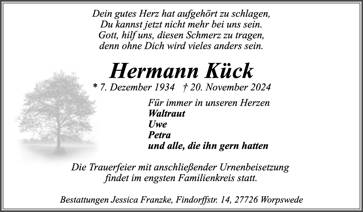 Traueranzeige von Hermann Kück von Wuemme Zeitung