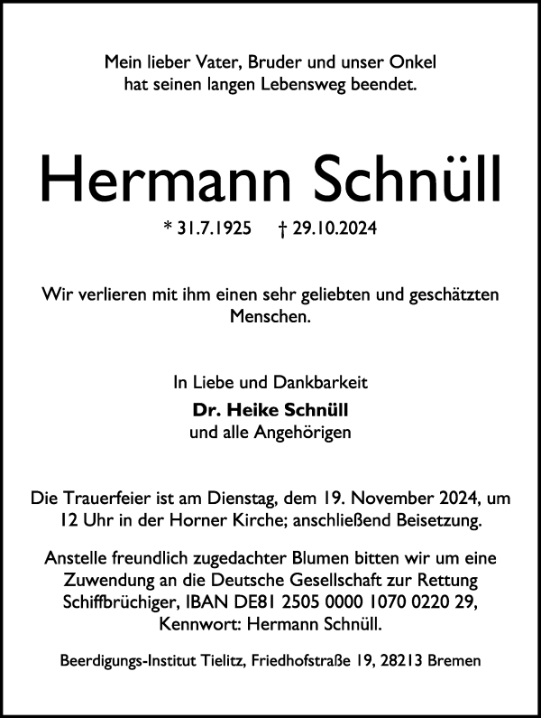 Traueranzeige von Hermann Schnüll von WESER-KURIER