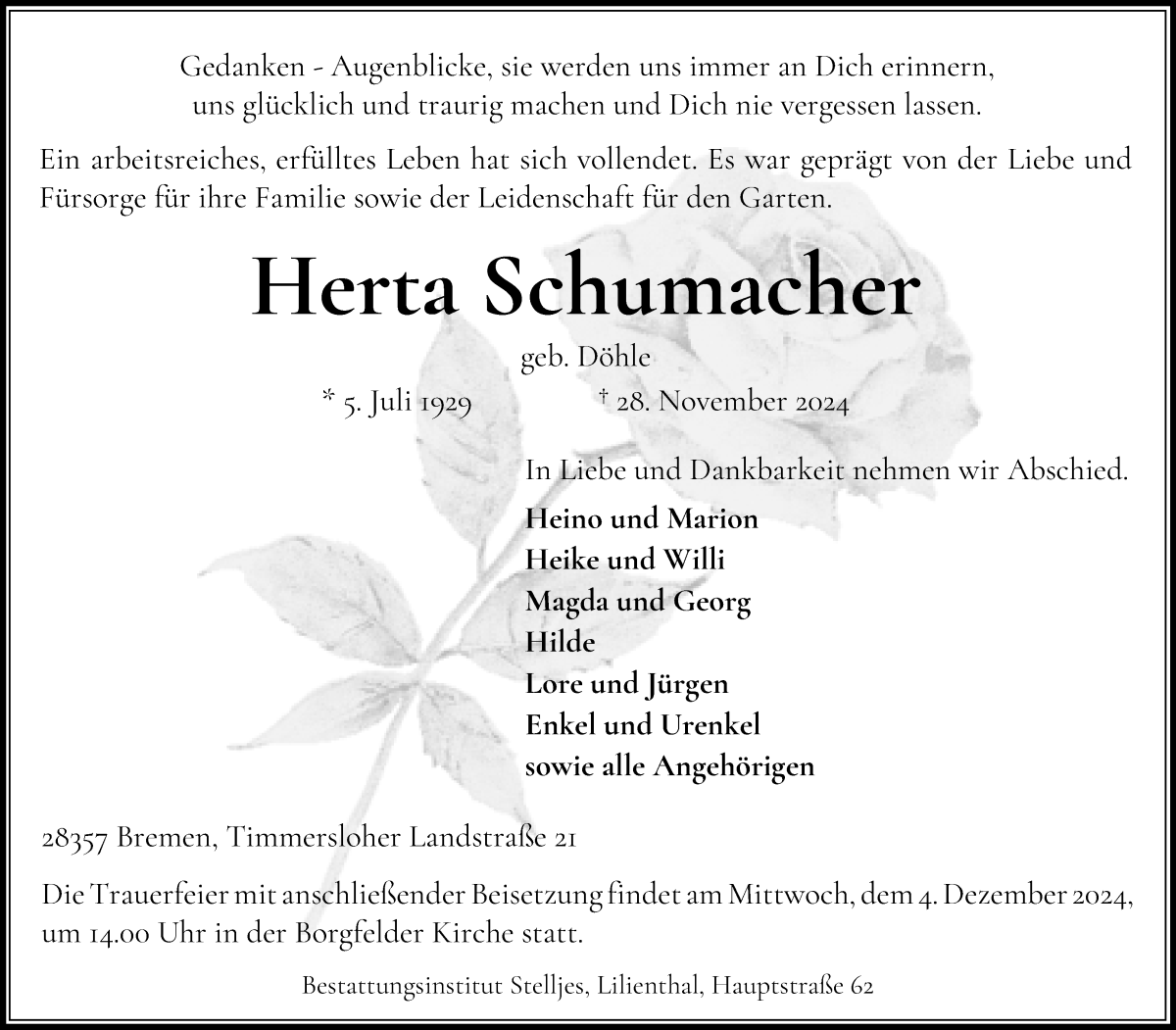 Traueranzeige von Herta Schumacher von Wuemme Zeitung