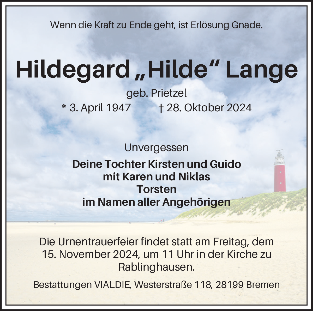 Traueranzeige von Hildegard Lange von WESER-KURIER