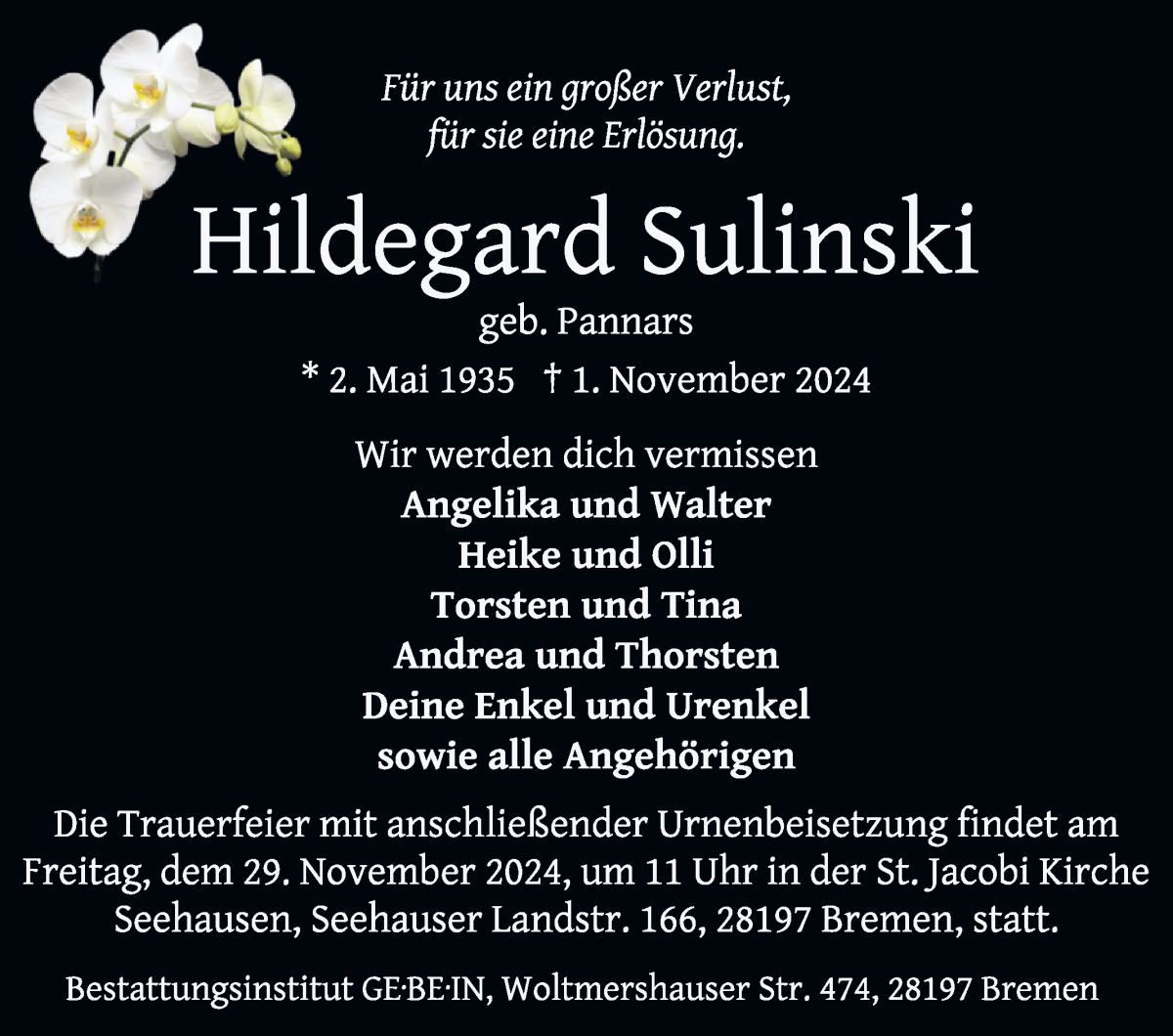 Traueranzeige von Hildegard Sulinski von WESER-KURIER