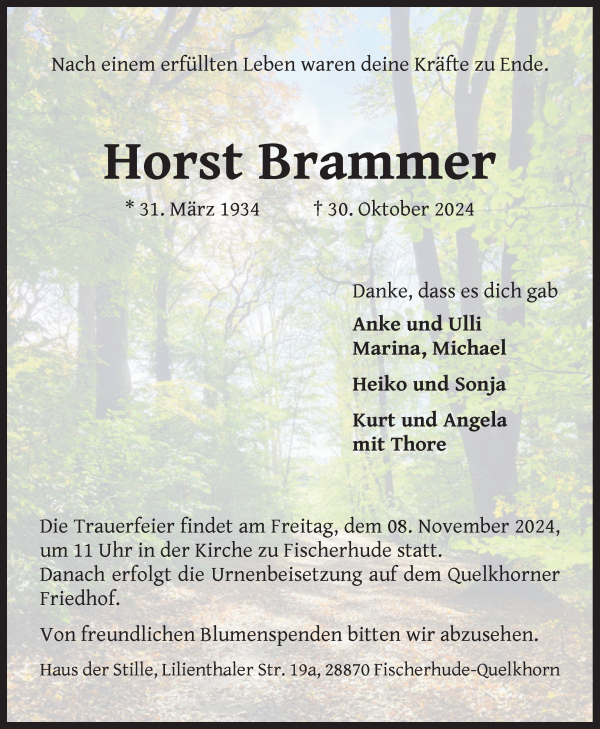 Traueranzeige von Horst Brammer von Achimer Kurier/Verdener Nachrichten