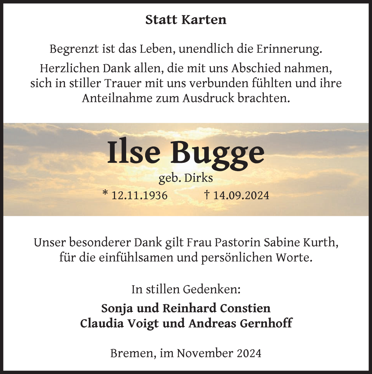 Traueranzeige von Ilse Bugge von WESER-KURIER