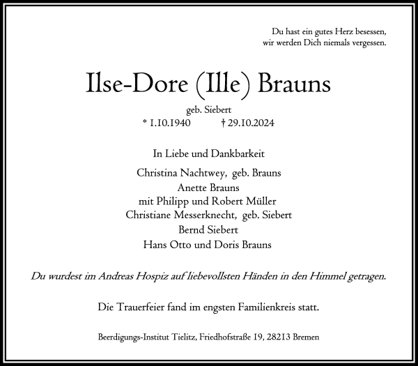 Traueranzeige von Ilse-Dore Brauns von WESER-KURIER