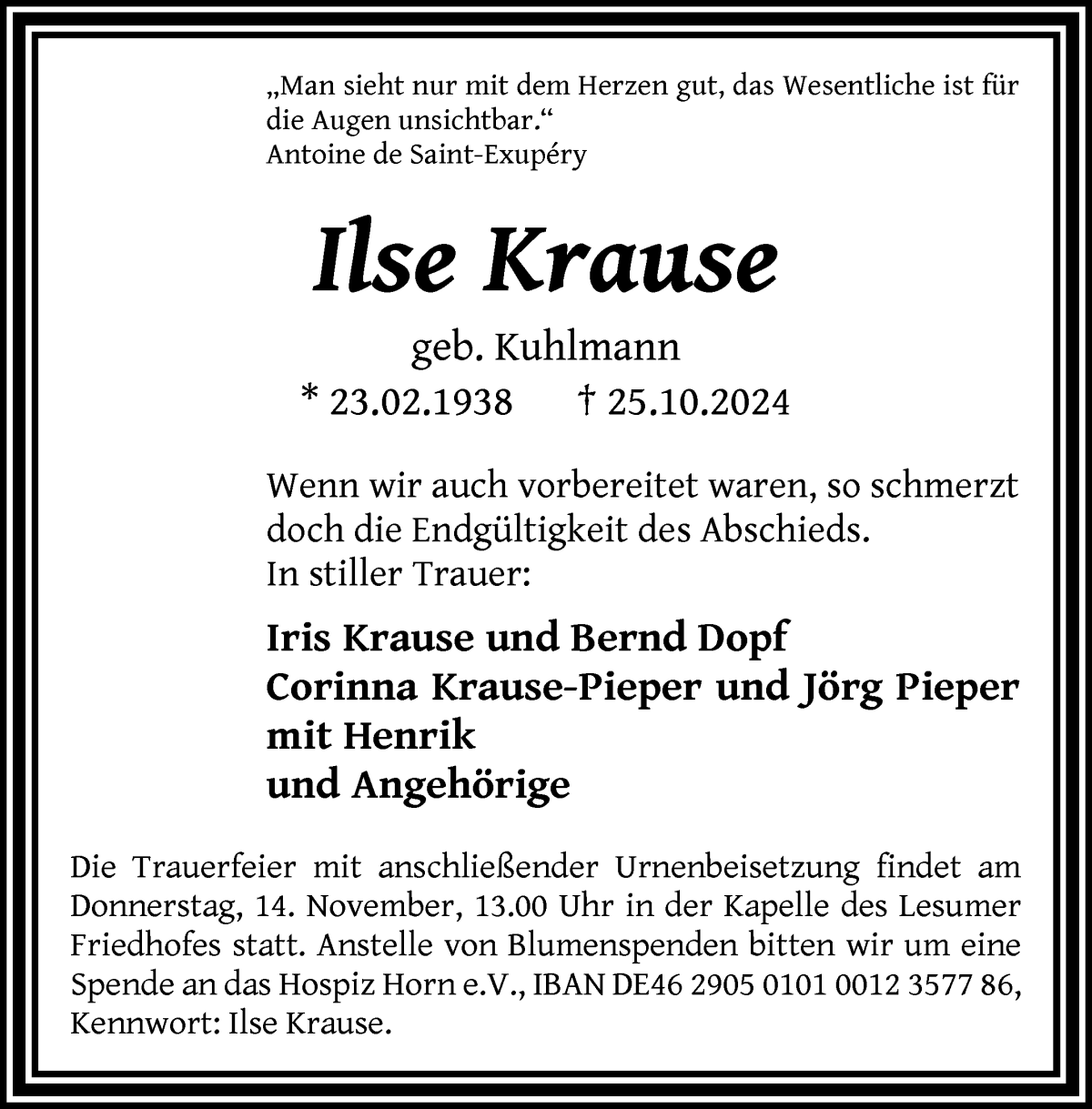 Traueranzeige von Ilse Krause von WESER-KURIER