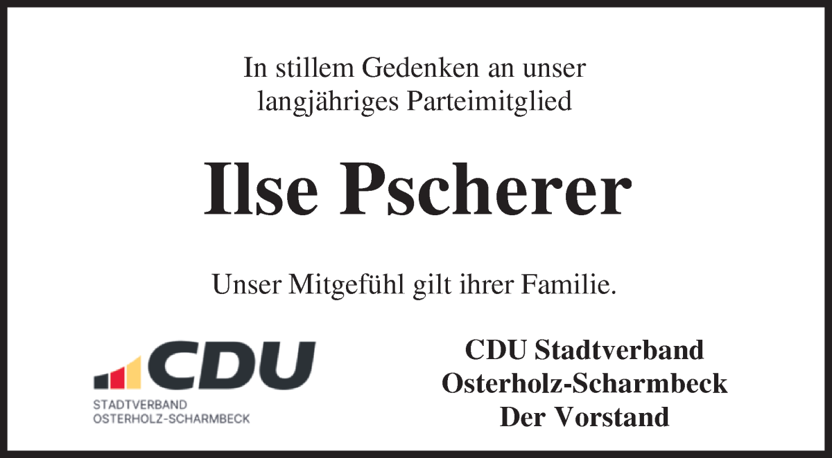 Traueranzeige von Ilse Pscherer von Osterholzer Kreisblatt