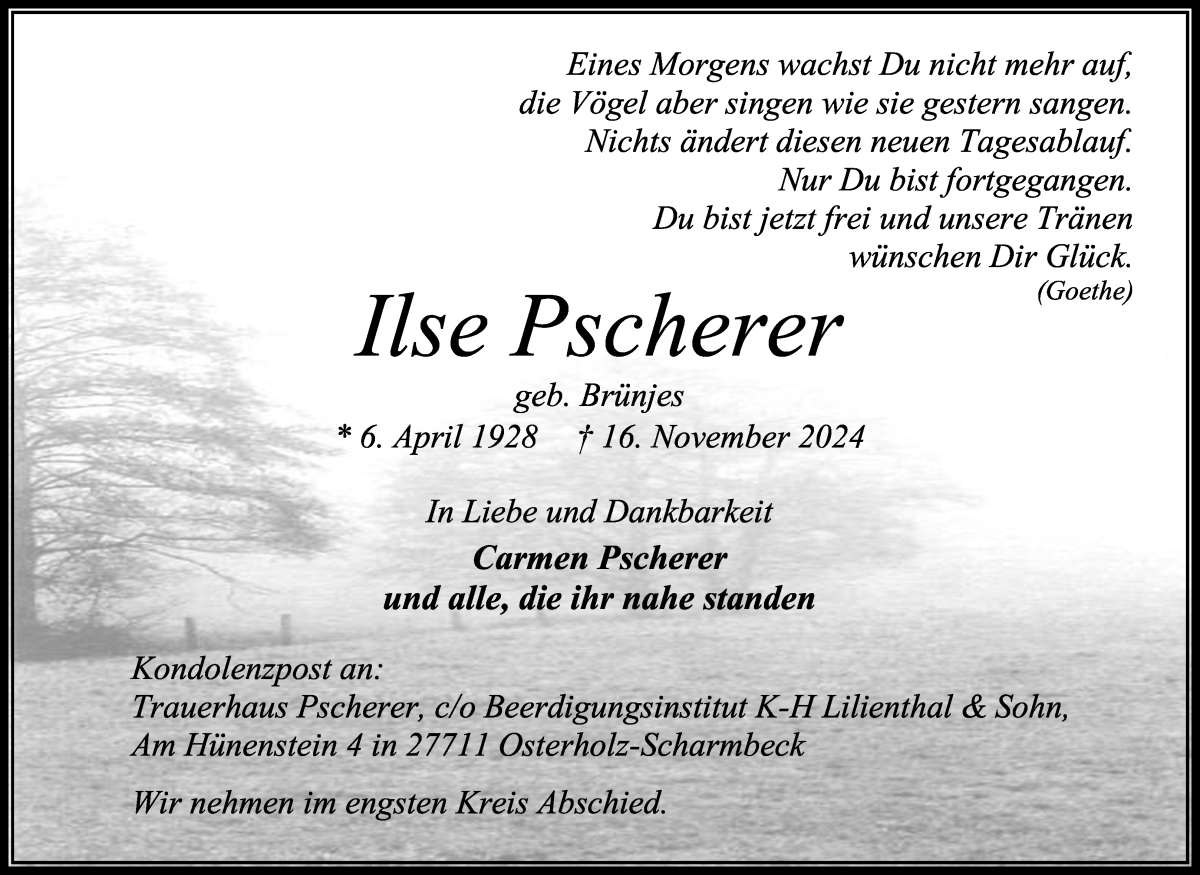 Traueranzeige von Ilse Pscherer von Osterholzer Kreisblatt