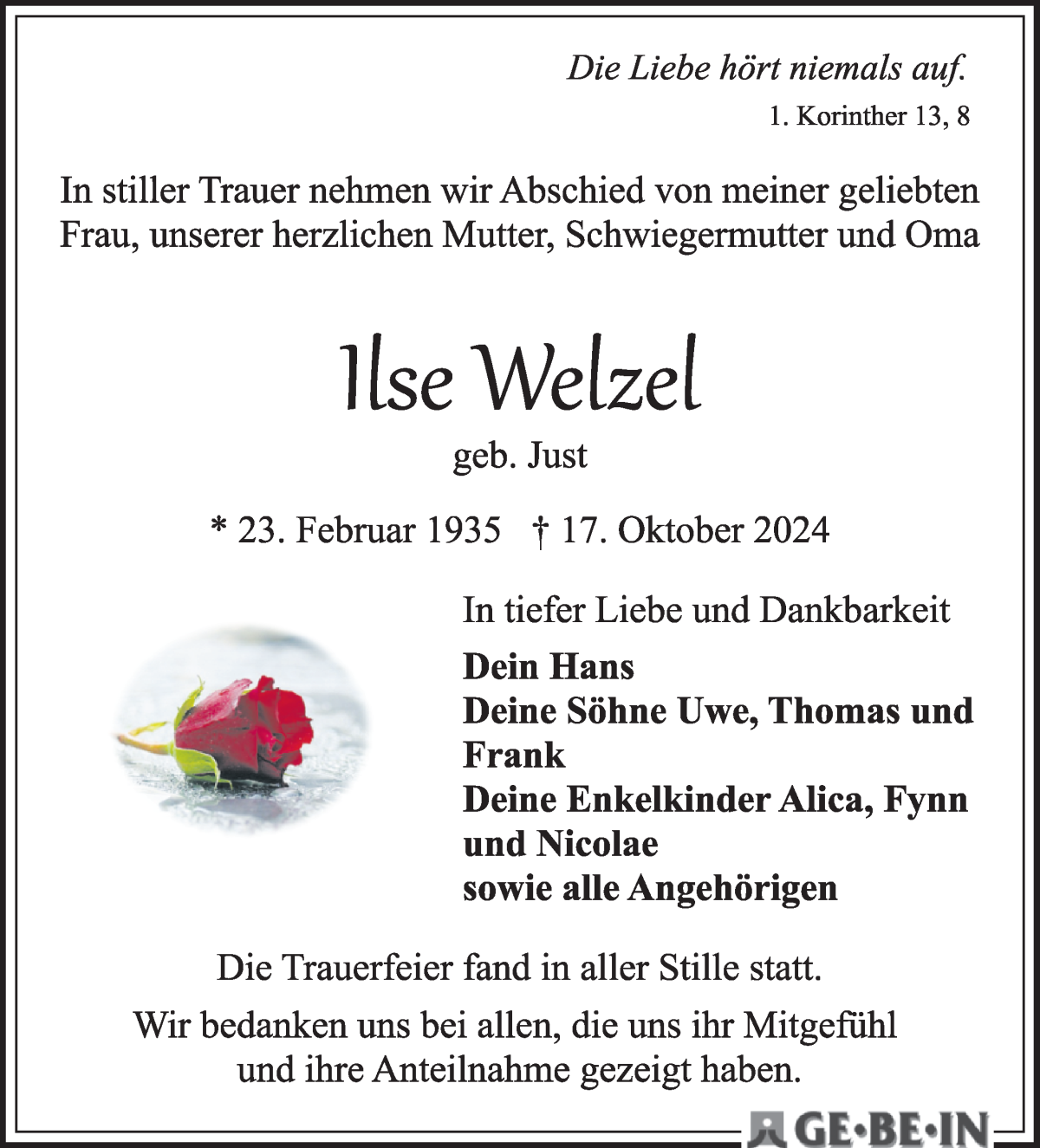 Traueranzeige von Ilse Welzel von WESER-KURIER