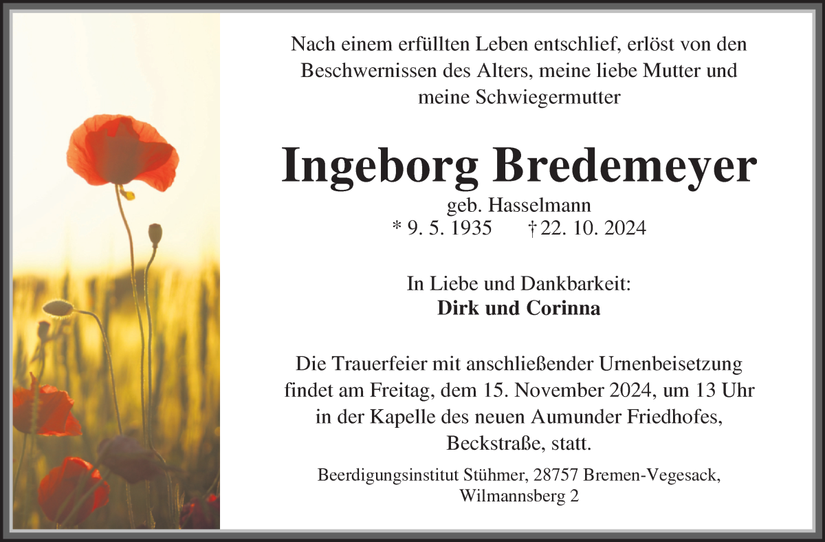 Traueranzeige von Ingeborg Bredemeyer von Die Norddeutsche