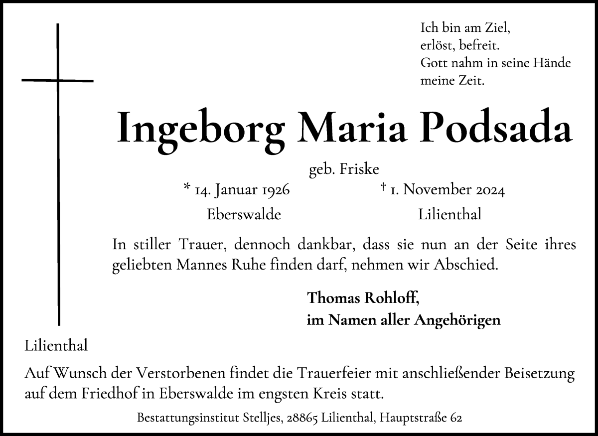 Traueranzeige von Ingeborg Maria Podsada von Wuemme Zeitung