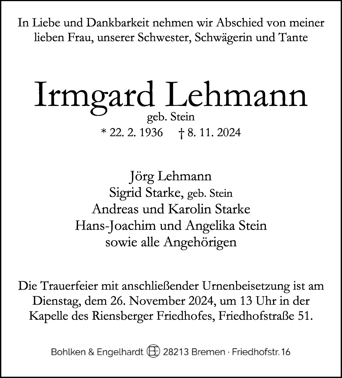 Traueranzeige von Irmgard Lehmann von WESER-KURIER