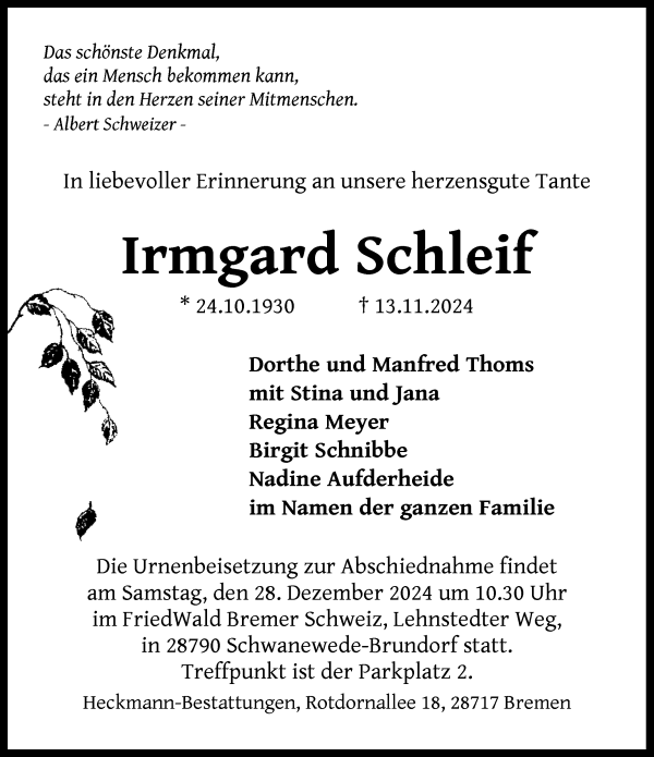 Traueranzeige von Irmgard Schleif von Die Norddeutsche