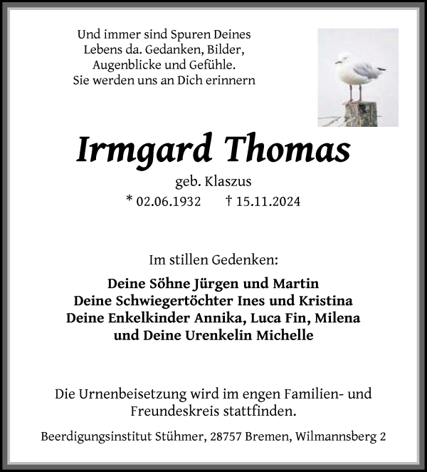 Traueranzeige von Irmgard Thomas von Die Norddeutsche