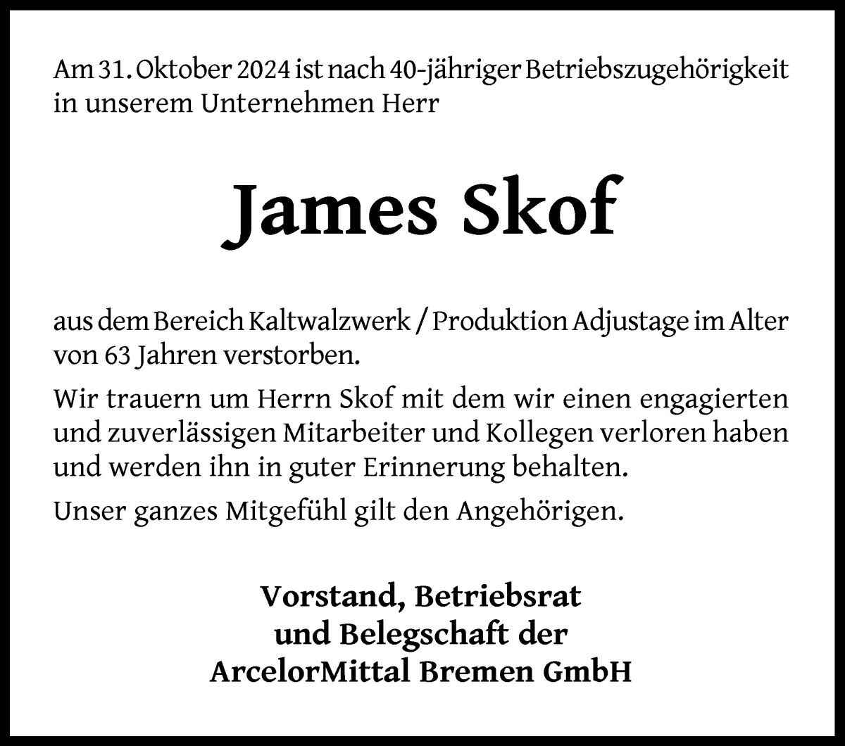 Traueranzeige von James Skof von WESER-KURIER