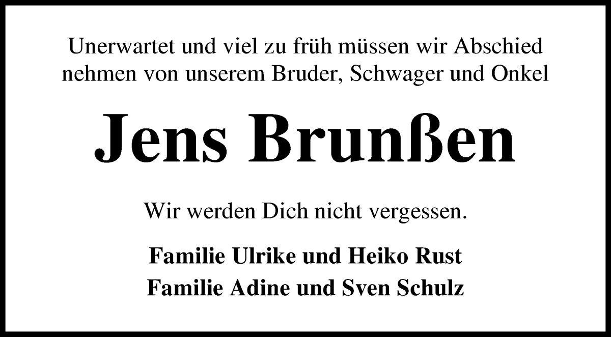 Traueranzeige von Jens Brunßen von Osterholzer Kreisblatt