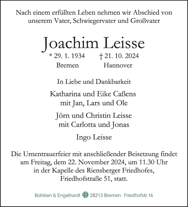 Traueranzeige von Joachim Leisse von WESER-KURIER