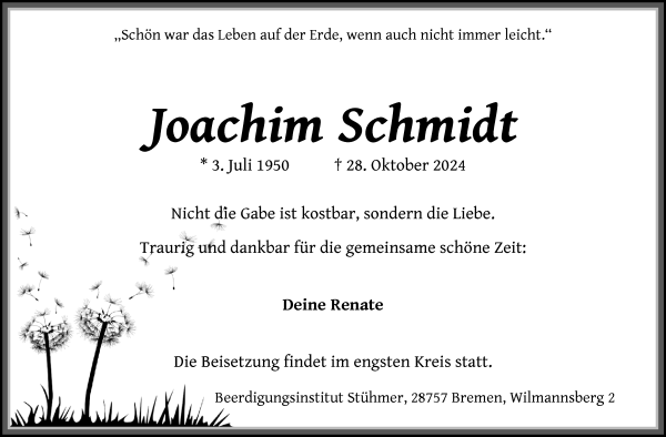 Traueranzeige von Joachim Schmidt von Die Norddeutsche