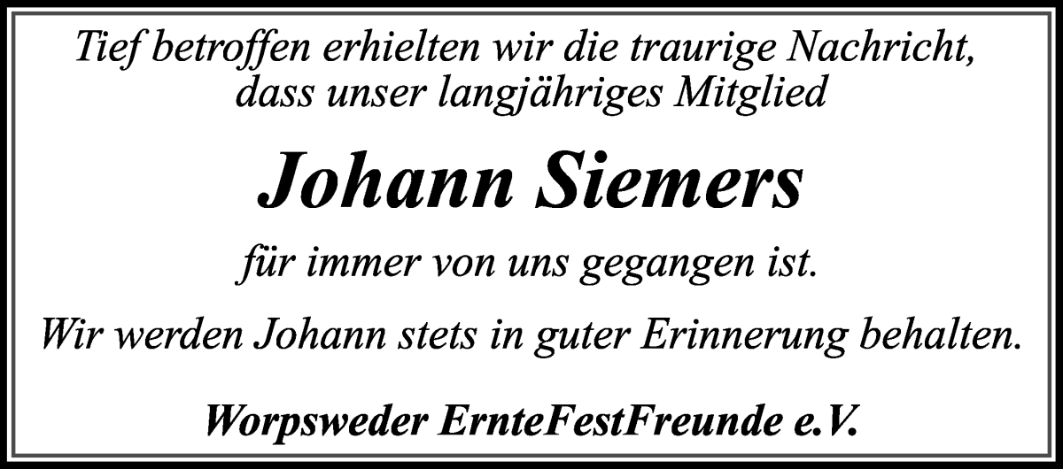 Traueranzeige von Johann Siemers von Wuemme Zeitung