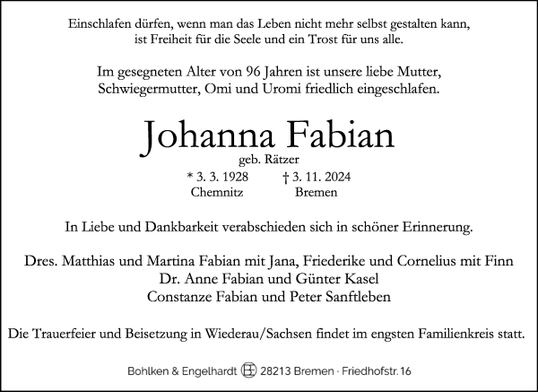 Traueranzeige von Johanna Fabian von WESER-KURIER