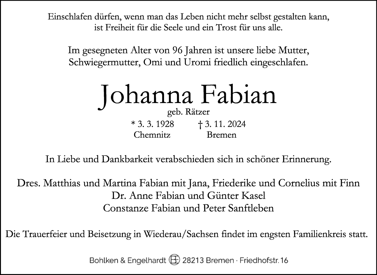 Traueranzeige von Johanna Fabian von WESER-KURIER