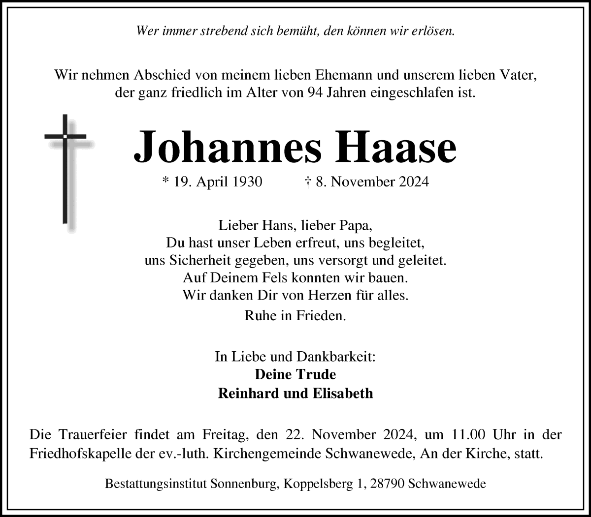 Traueranzeige von Johannes Haase von Die Norddeutsche