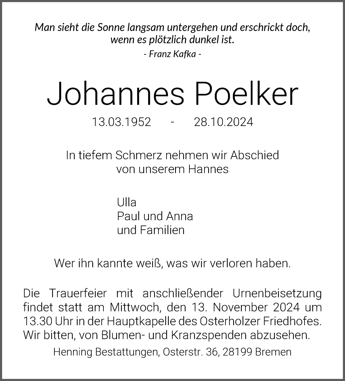 Traueranzeige von Johannes Poelker von WESER-KURIER