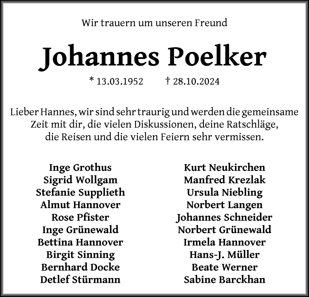 Traueranzeige von Johannes Pölker von WESER-KURIER