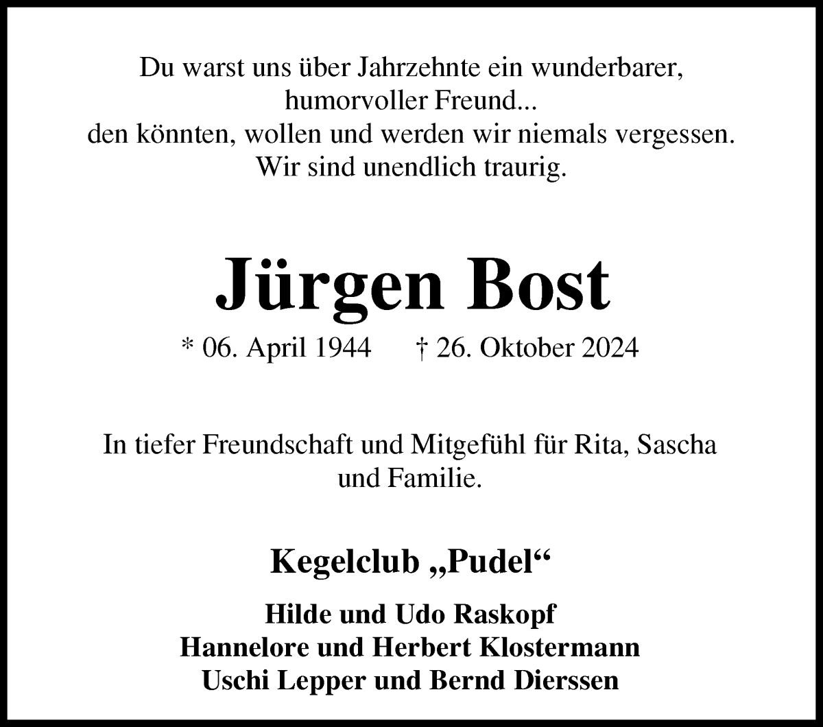 Traueranzeige von Jürgen Bost von Osterholzer Kreisblatt