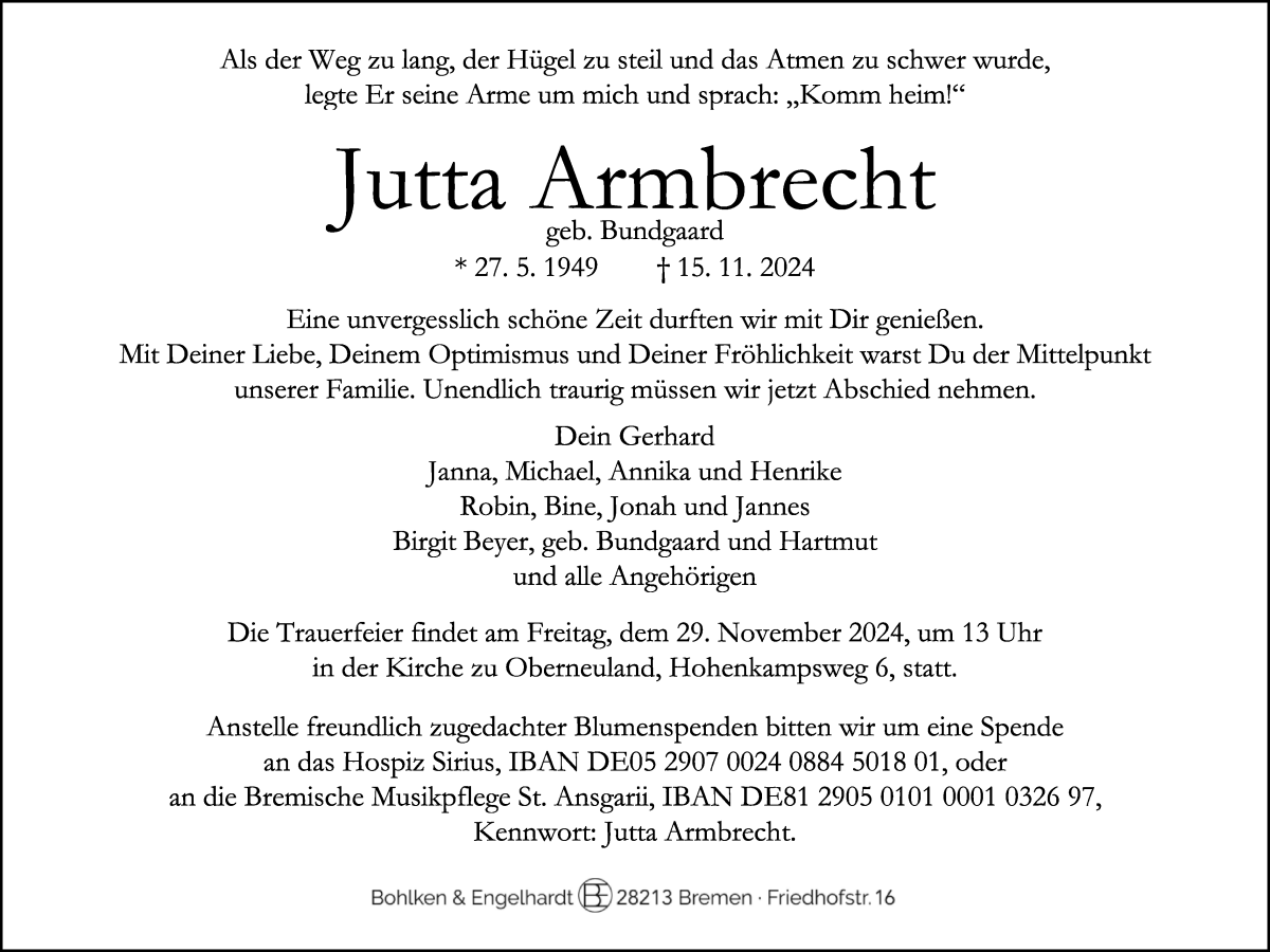 Traueranzeige von Jutta Armbrecht von WESER-KURIER