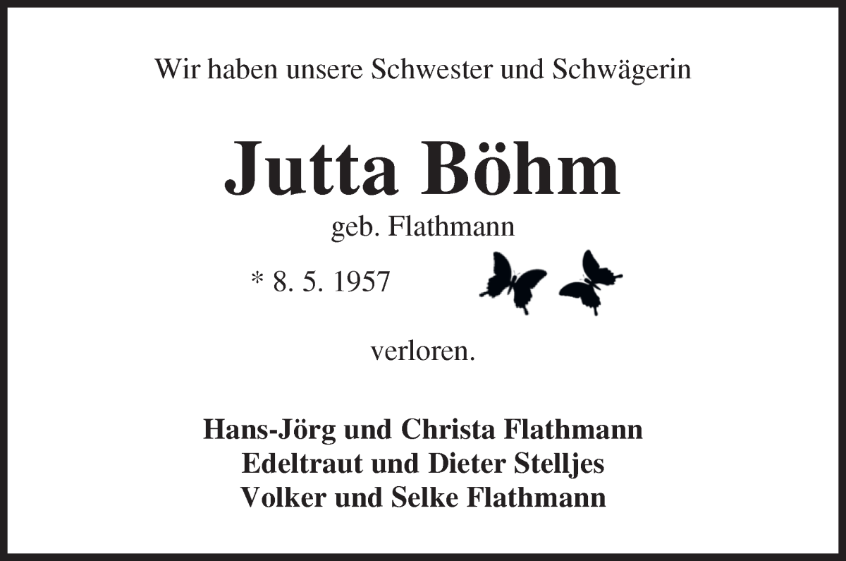 Traueranzeige von Jutta Böhm von Osterholzer Kreisblatt