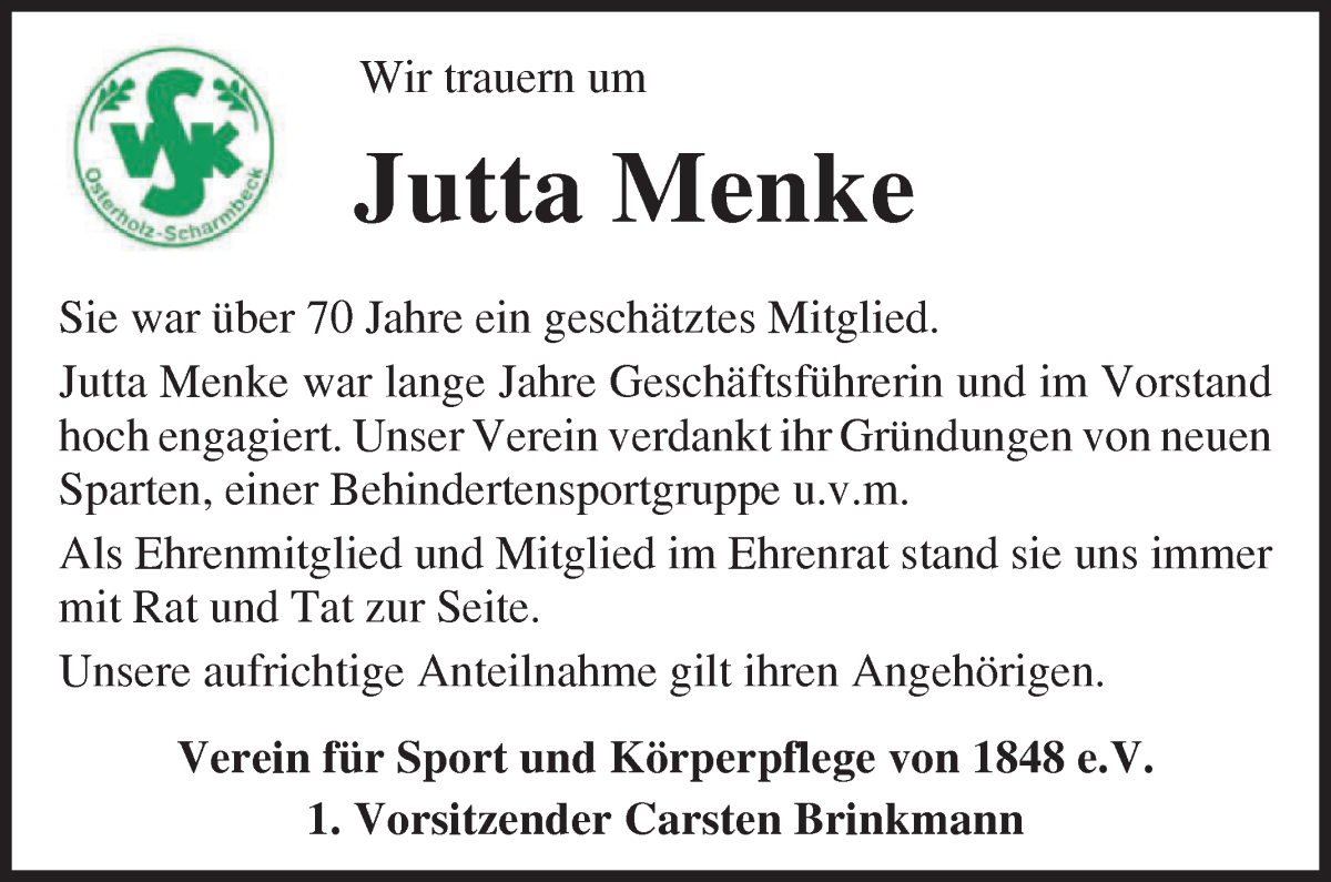 Traueranzeige von Jutta Menke von Osterholzer Kreisblatt