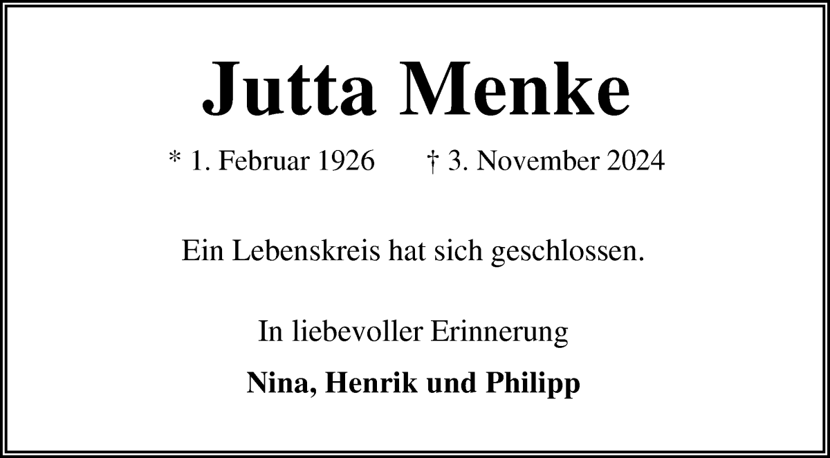 Traueranzeige von Jutta Menke von Osterholzer Kreisblatt