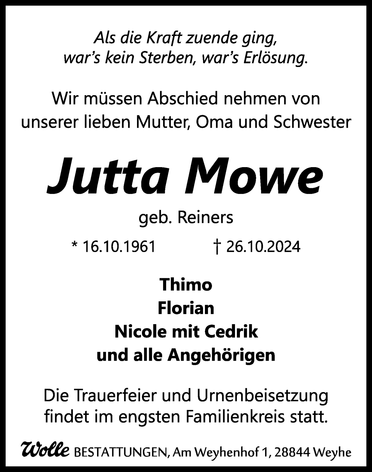 Traueranzeige von Jutta Mowe von WESER-KURIER