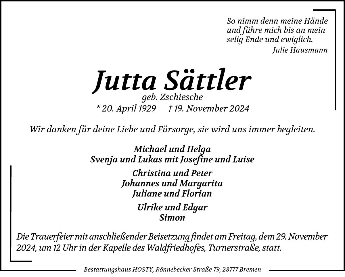 Traueranzeige von Jutta Sättler von Die Norddeutsche