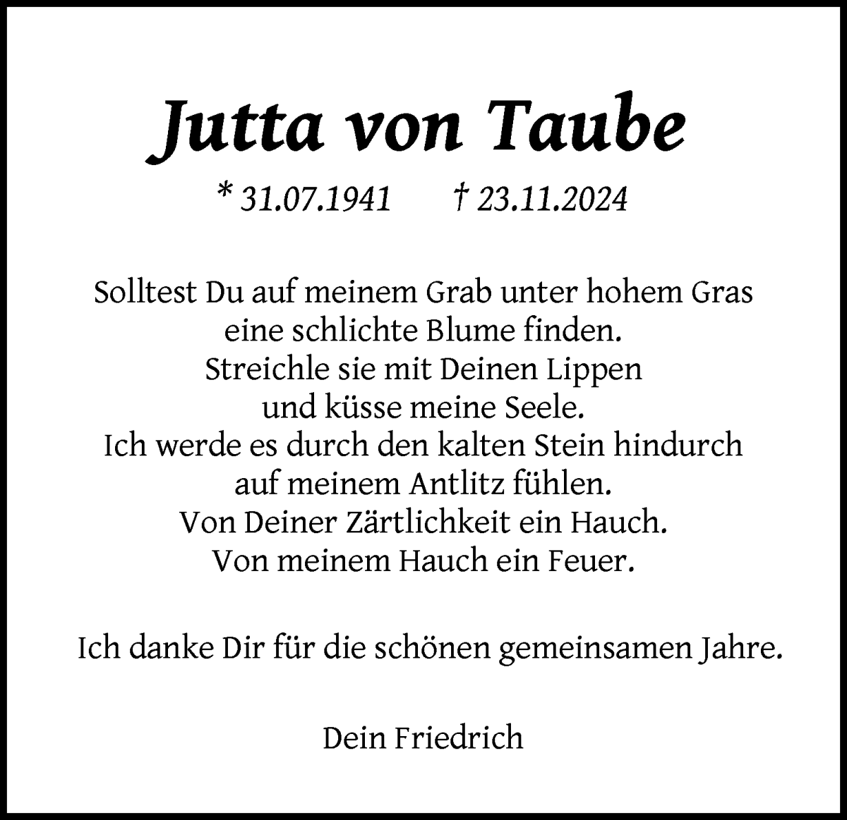 Traueranzeige von Jutta von Taube von WESER-KURIER