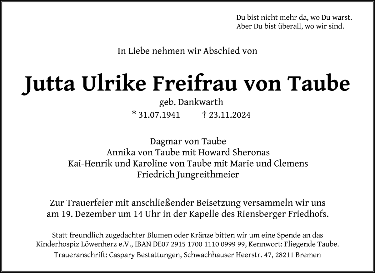 Traueranzeige von Jutta Ulrike Freifrau von Taube von WESER-KURIER