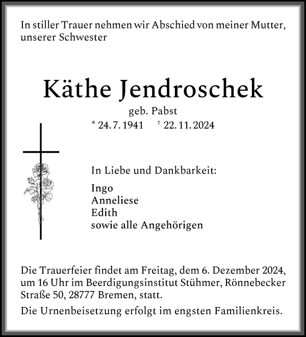 Traueranzeige von Käthe Jendroschek von Die Norddeutsche