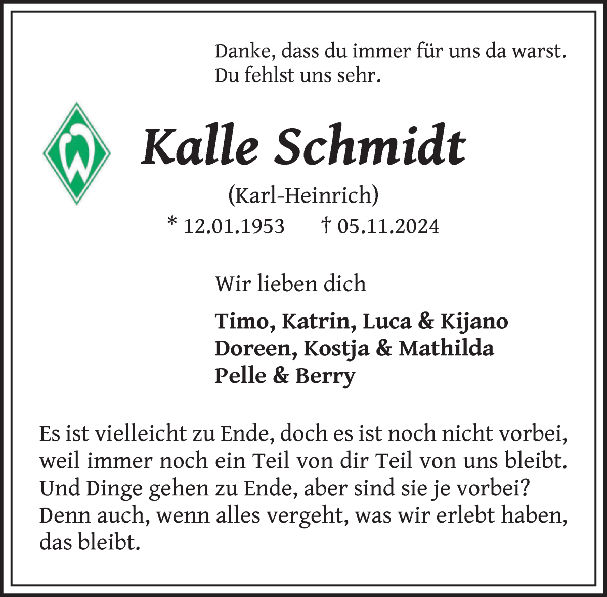 Traueranzeige von Kalle (Karl-Heinrich) Schmidt von Die Norddeutsche