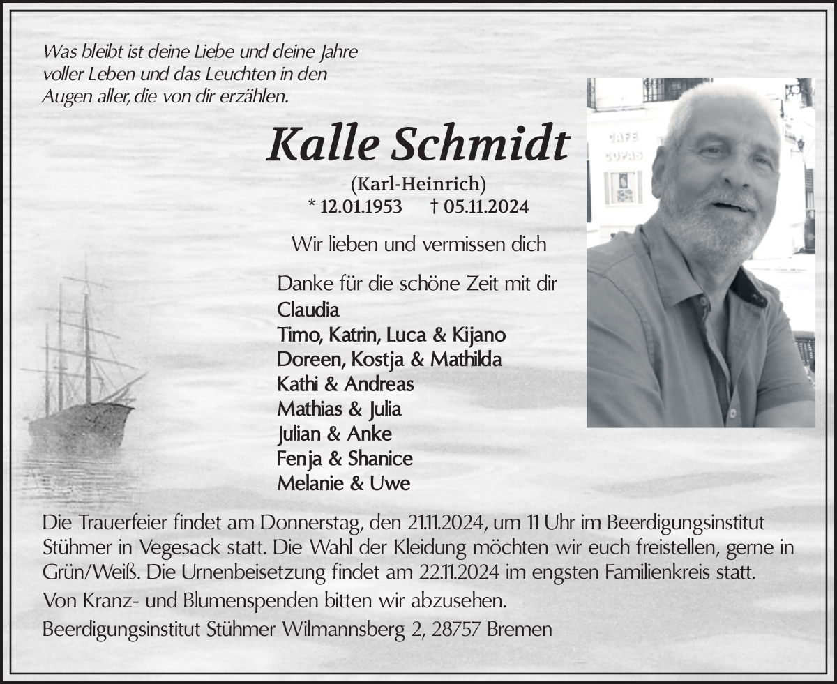 Traueranzeige von Kalle (Karl-Heinrich) Schmidt von Die Norddeutsche