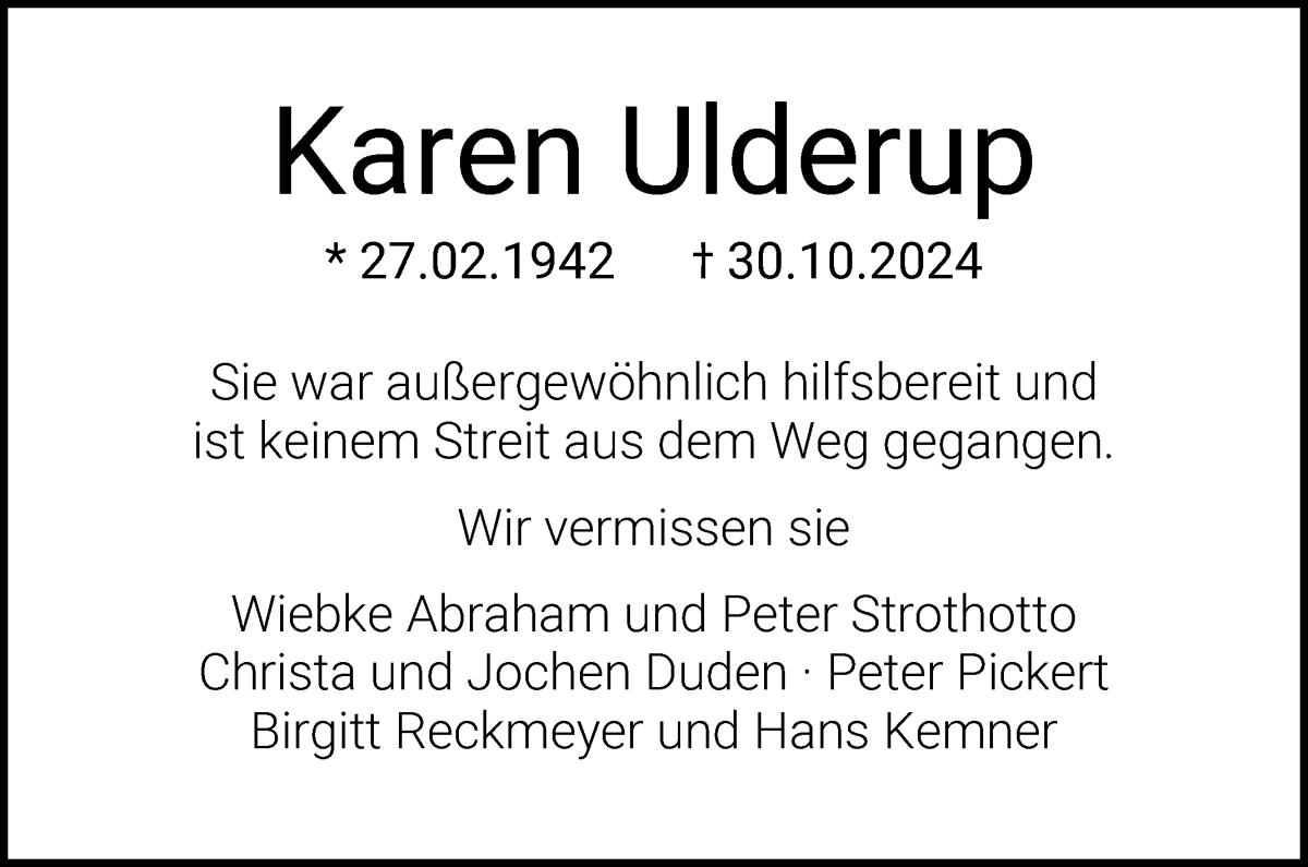 Traueranzeige von Karen Ulderup von WESER-KURIER