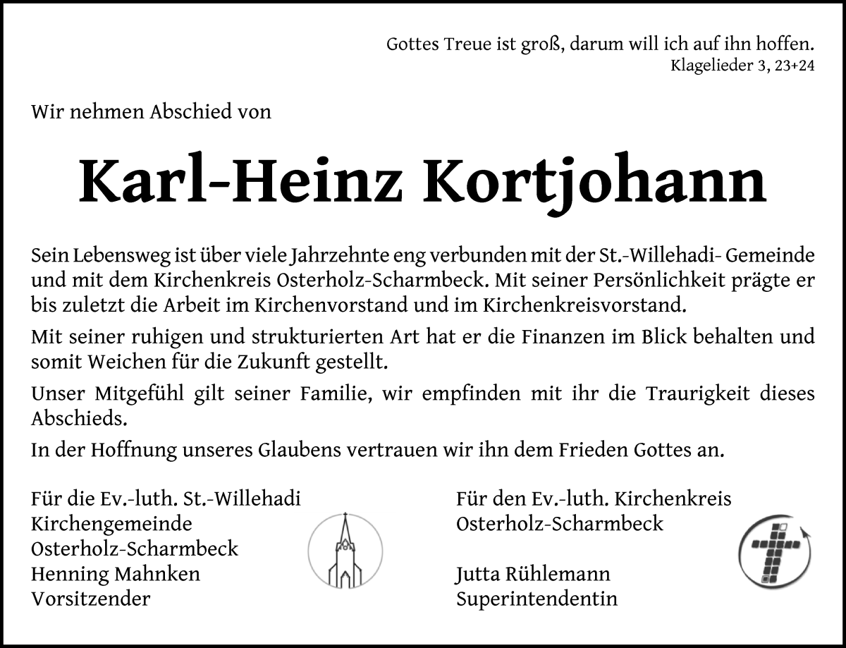 Traueranzeige von Karl-Heinz Kortjohann von Osterholzer Kreisblatt