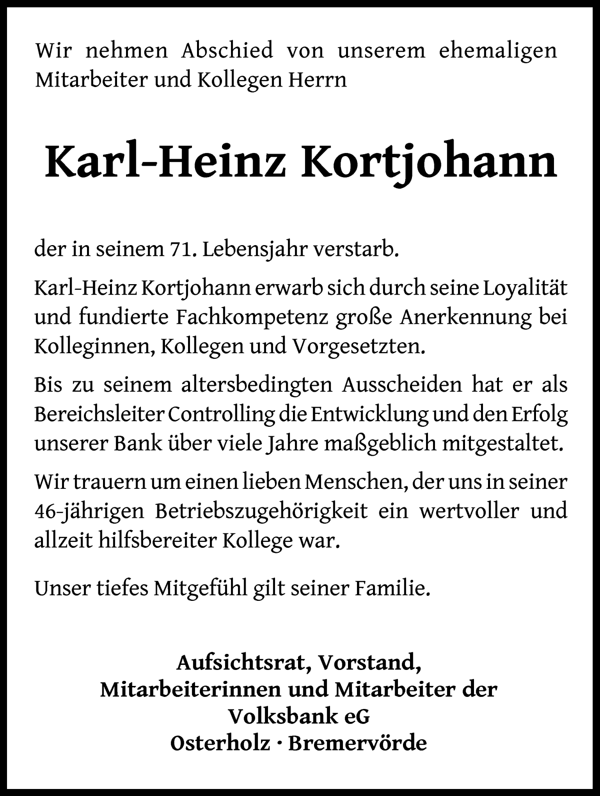 Traueranzeige von Karl-Heinz Kortjohann von Osterholzer Kreisblatt