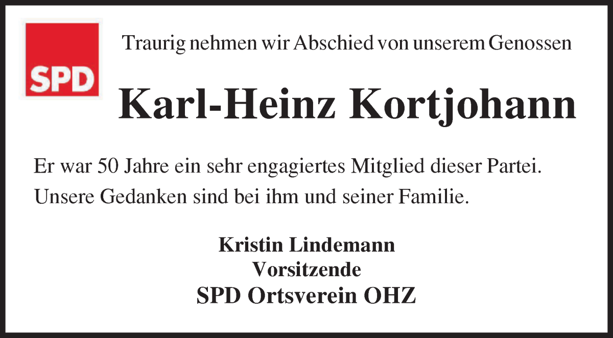 Traueranzeige von Karl-Heinz Kortjohann von Osterholzer Kreisblatt