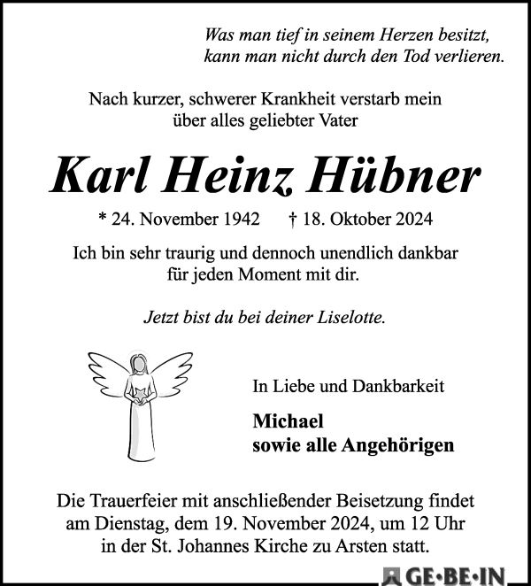 Traueranzeige von Karl Heinz Hübner von WESER-KURIER